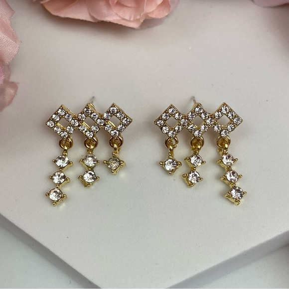 Diamond Shaped Crystal Earrings with Tassels - Picture 12 of 16